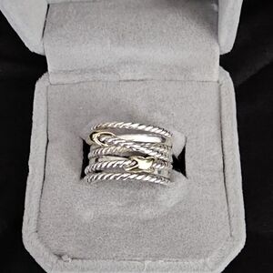 David Yurman Double X Crossover Ring Sterling Silver w/18K Yellow Gold, Size 7